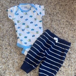 Carter's White and Blue Vehicle Print Bodysuit with Striped Pants